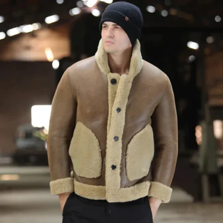 Men B-3 Brown Sheepskin Leather Shearling Flight Jacket