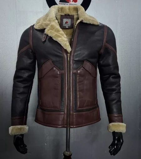 Men B-3 RAF Black Brown Aviator Flying Fur Shearling Leather Jacket