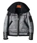 Men B-3 RAF Waxed Double Collar Grey Leather Aviator Flying Jacket