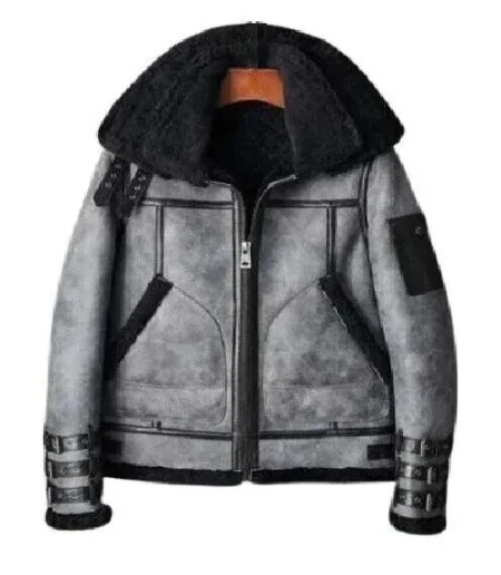 Men B-3 RAF Waxed Double Collar Grey Leather Aviator Flying Jacket