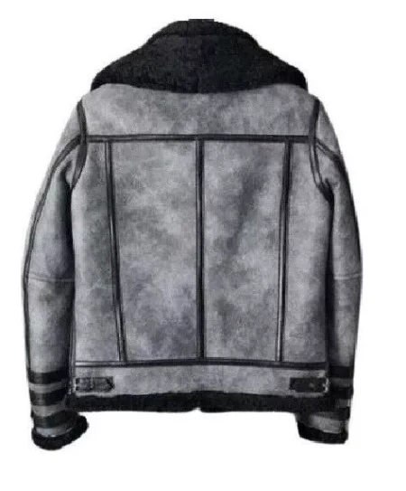 Men B-3 RAF Waxed Double Collar Grey Leather Aviator Flying Jacket.
