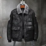 Men's Airforce Black A-2 Sheepskin Leather Flight Jacket With Grey Collar