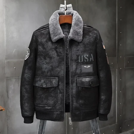 Men's Airforce Black A-2 Sheepskin Leather Flight Jacket With Grey Collar