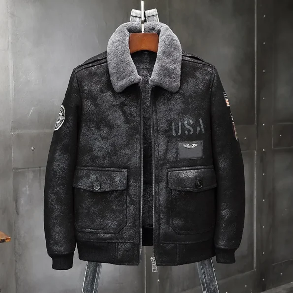 Men's Airforce Black A-2 Sheepskin Leather Flight Jacket With Grey Collar