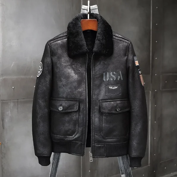 Men's Airforce Black A-2 Sheepskin Leather Shearling Flight Jacket