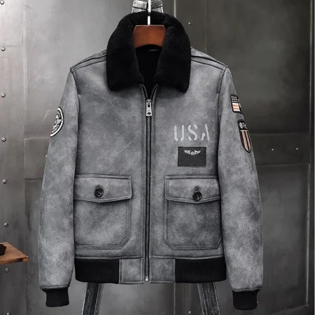 Men's Airforce Grey A-2 Sheepskin Leather Shearling Flight Jacket