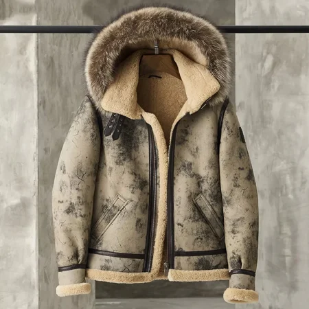 Men’s Aviator B3 Flight Bomber Removable Hood Shearling Jacket