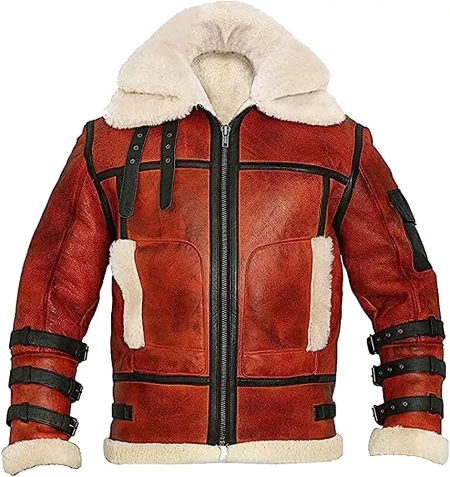Men's Aviator Pilot B-3 Shearling Black Stripes Fur Brown Leather Jacket