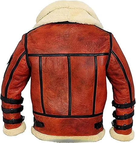 Men's Aviator Pilot B-3 Shearling Black Stripes Fur Brown Leather Jacket.
