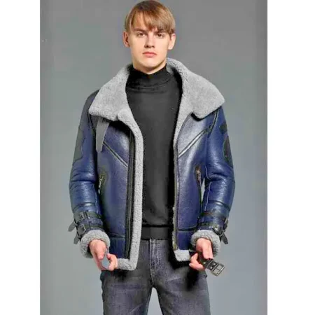 Men's B-3 RAF Blue Aviator Sheepskin Shearling Leather Flight Jacket