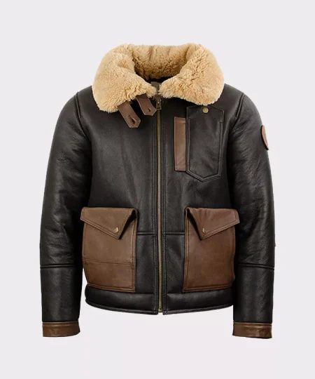 Men's B-3 RAF Brown Black Viator Pilot Flying Sheepskin Leather Jacket