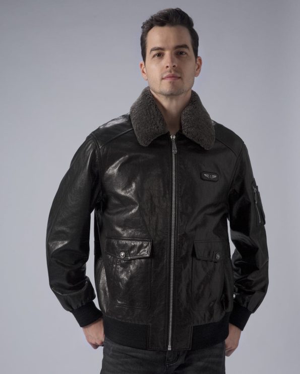 Men's Black G-1 Aviator Leather Jacket With Fur Collar