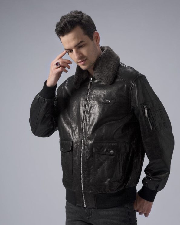 Men's Black G-1 Aviator Leather Jacket With Fur Collar.