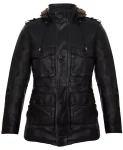 Men’s Black Leather Multi-pocket Hooded Field Jacket