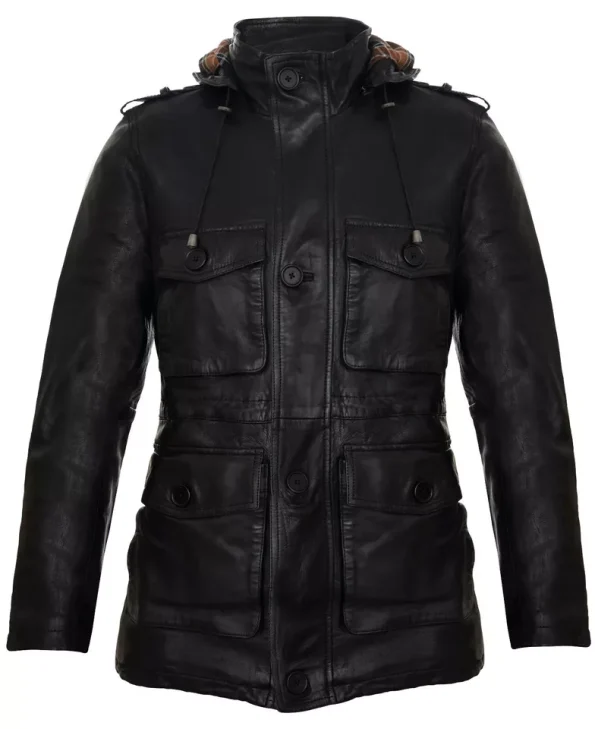 Men's Black Leather Multi-pocket Hooded Field Jacket