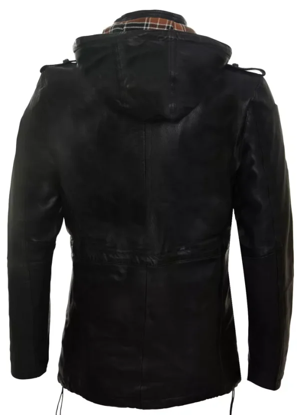 Men's Black Leather Multi-pocket Hooded Field Jacket.