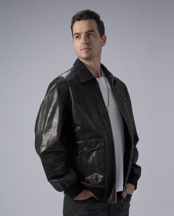 Men's Bomber Jacket Air Force A-2 Black Leather Flight Jacket.