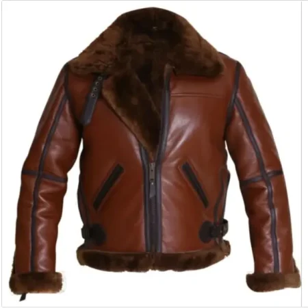 Men's Brown B-3 RAF Flight Bomber Aviator Sheepskin Shearling Leather Jacket