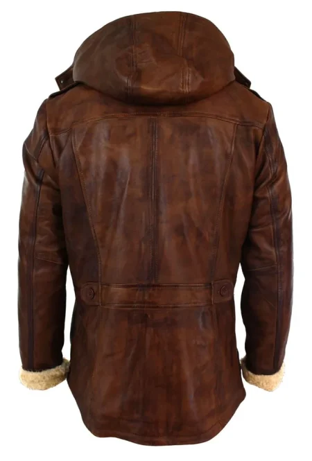 Men's Brown Leather Hooded Field Jacket.