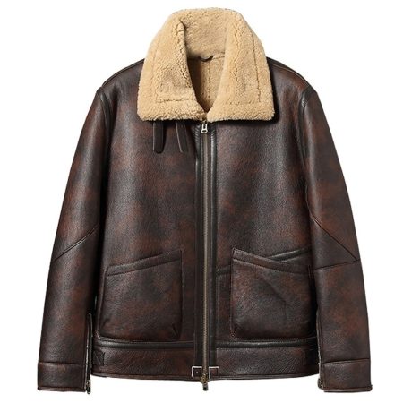 Mens Distressed Sheepskin Shearling B-3 Bomber Jacket