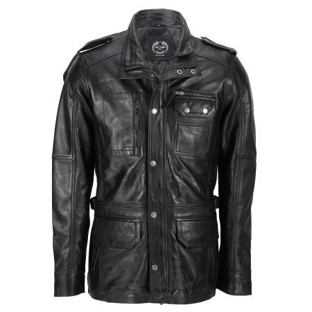 Men's Military Black Leather Field Jacket