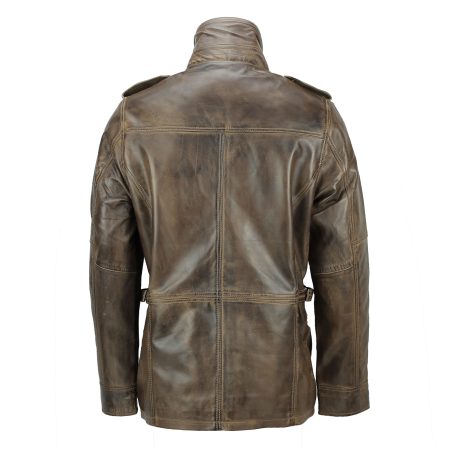 Men's Military Distressed Brown Leather Field Jacket.