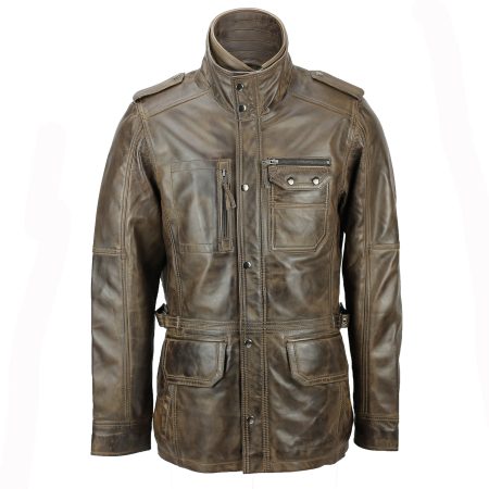 Men's Military Distressed Brown Leather Field Jacket