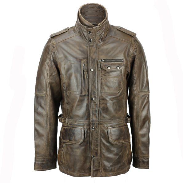 Men's Military Distressed Brown Leather Field Jacket