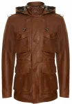 Men's Tan Leather Multi-pocket Hooded Field Jacket
