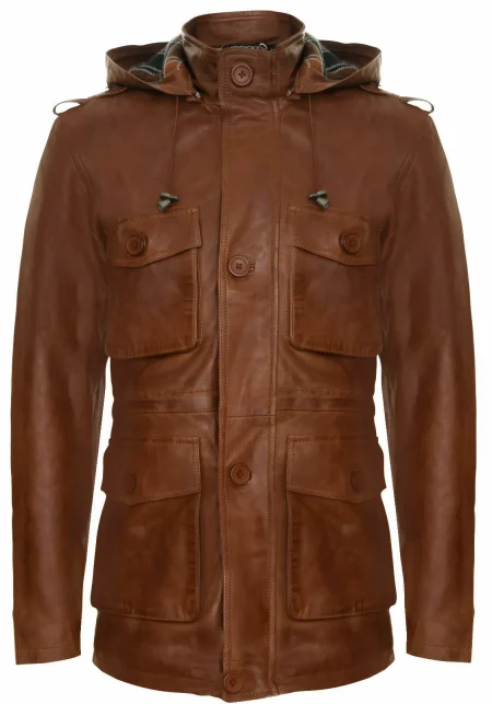 Men's Tan Leather Multi-pocket Hooded Field Jacket