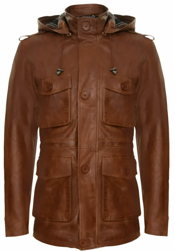 Men's Tan Leather Multi-pocket Hooded Field Jacket