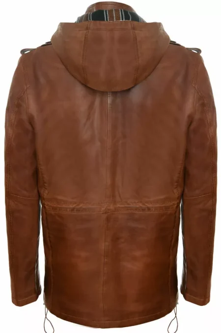 Men's Tan Leather Multi-pocket Hooded Field Jacket.