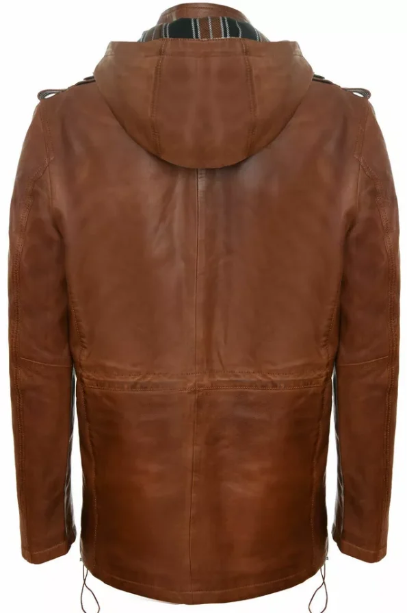 Men's Tan Leather Multi-pocket Hooded Field Jacket.