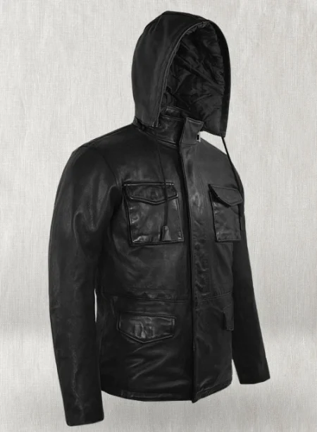 Military M-65 Black Leather Hood Jacket.