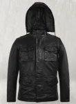 Military M-65 Black Leather Hood Jacket