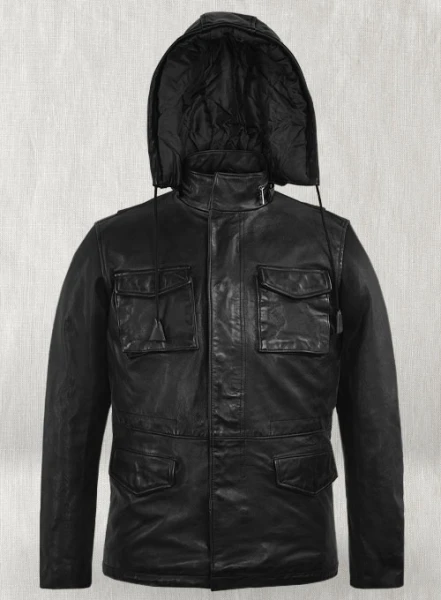 Military M-65 Black Leather Hood Jacket