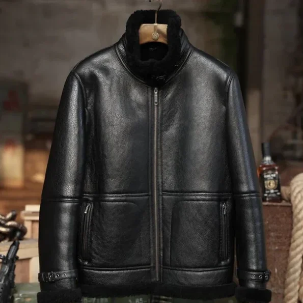 New Men B-3 Black Lambskin Leather Aviator Shearling Jacket