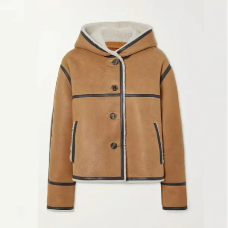 New Women Brown Lambskin Leather B-3 Shearling Hooded Jacket