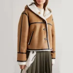 New Women Brown Lambskin Leather B-3 Shearling Hooded Jacket