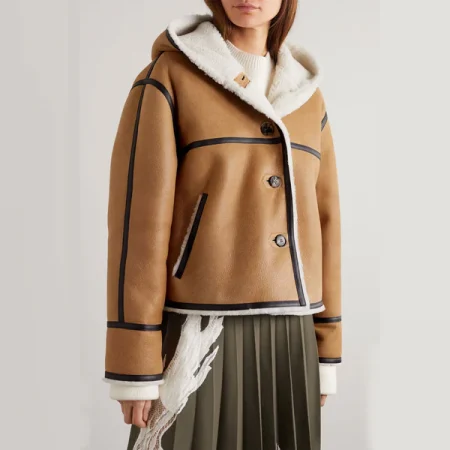 New Women Brown Lambskin Leather B-3 Shearling Hooded Jacket.