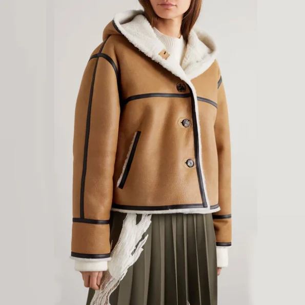 New Women Brown Lambskin Leather B-3 Shearling Hooded Jacket.