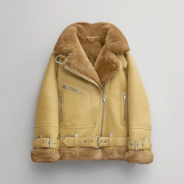 New Women's B-3 Light Brown Sheepskin Leather Shearling Aviator Jacket