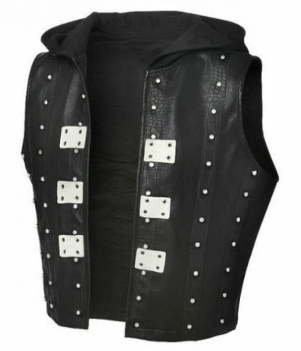 WWE AJ Styles Studded Black Leather Vest with Hood