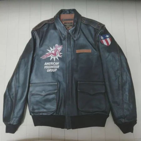 Avirex A-2 Flying Tigers Strong Mighty Black Leather Flight Jacket.