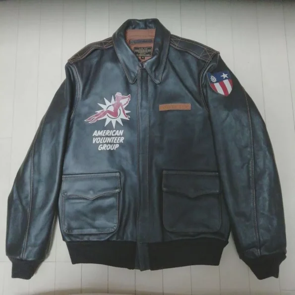 Avirex A-2 Flying Tigers Strong Mighty Black Leather Flight Jacket.