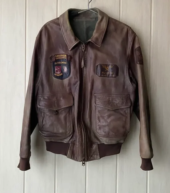 Avirex A-2 Garment Dyed Brown Leather Bomber Jacket