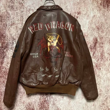 Avirex A-2 Vintage Red Dragon Horse Hide Brown Leather Jacket