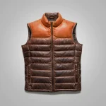 Brown Men Genuine Lambskin Bubble Leather Down Vest