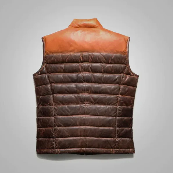 Brown Men Genuine Lambskin Bubble Leather Down Vest.