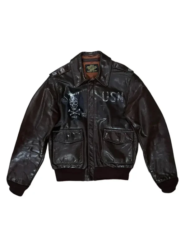 Jolly Roger Fighter Squadron A-2 Brown Leather Bomber Jacket.